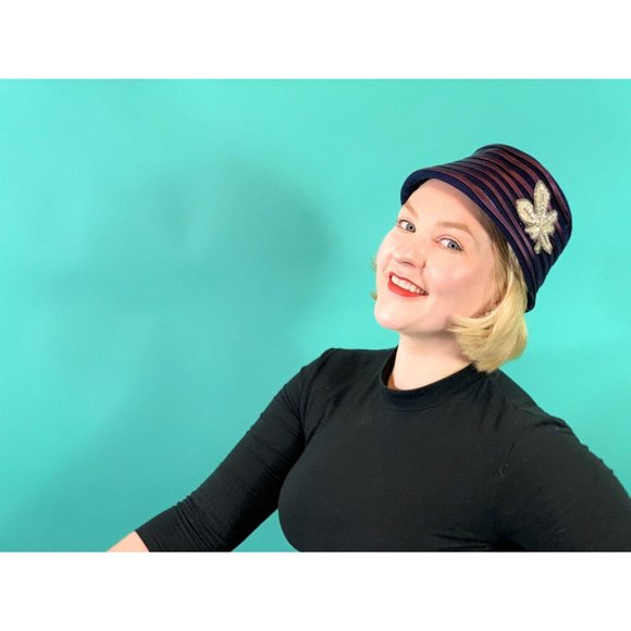 Vintage 1950s Bucket Hat Purple Stripe Floral Hat - Picture 3 of 10